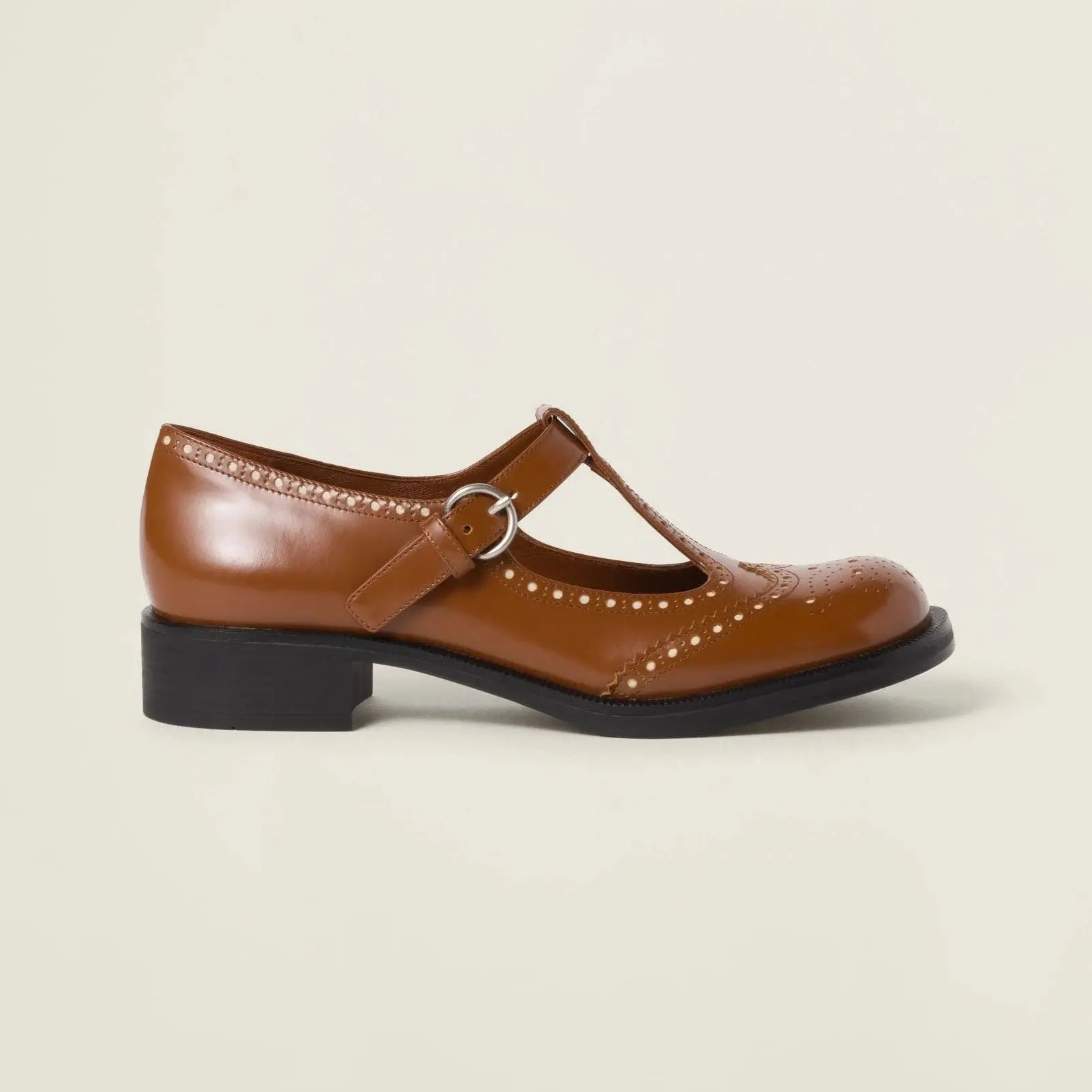 T-Strap Brushed Leather Brogue Shoes Gilded Cadence