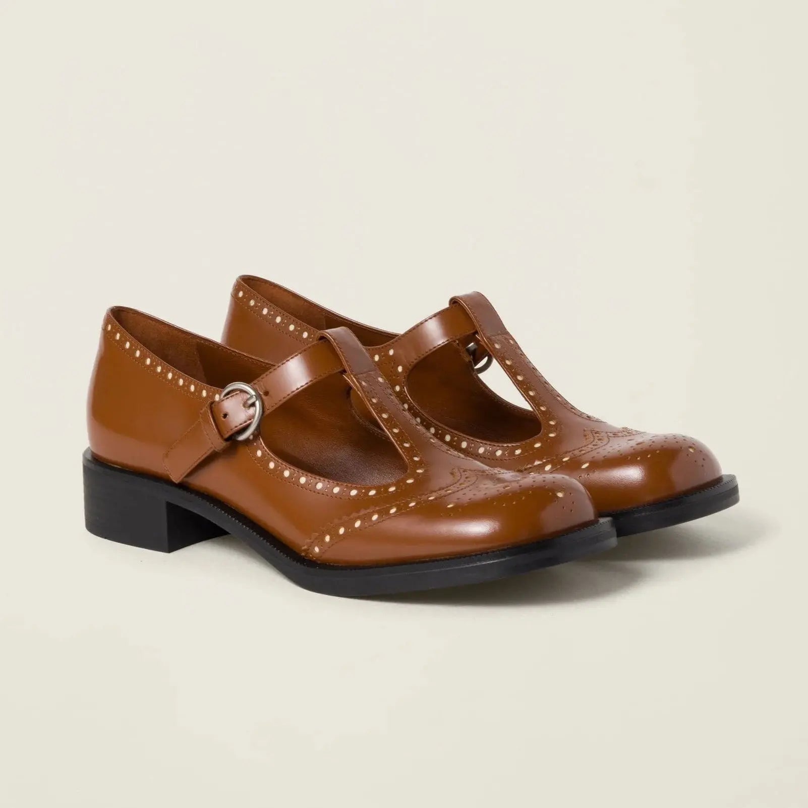 T-Strap Brushed Leather Brogue Shoes Gilded Cadence