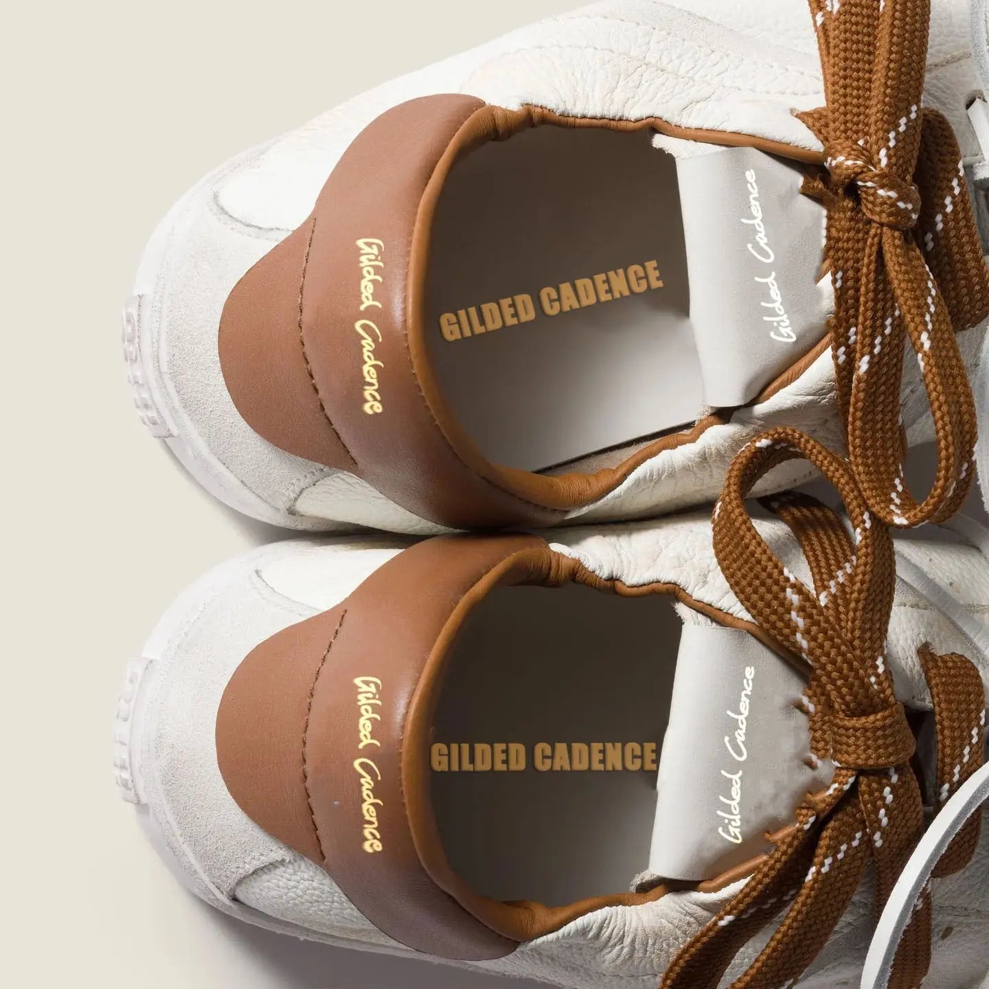 Art Deco White and Cognac Leather Sneakers Gilded Cadence