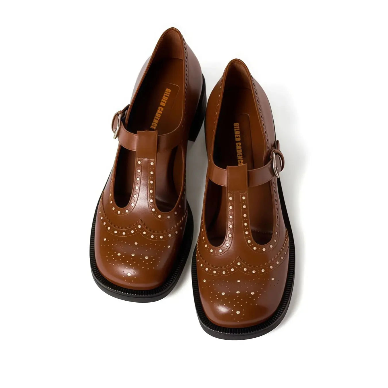 T-Strap Brushed Leather Brogue Shoes Gilded Cadence