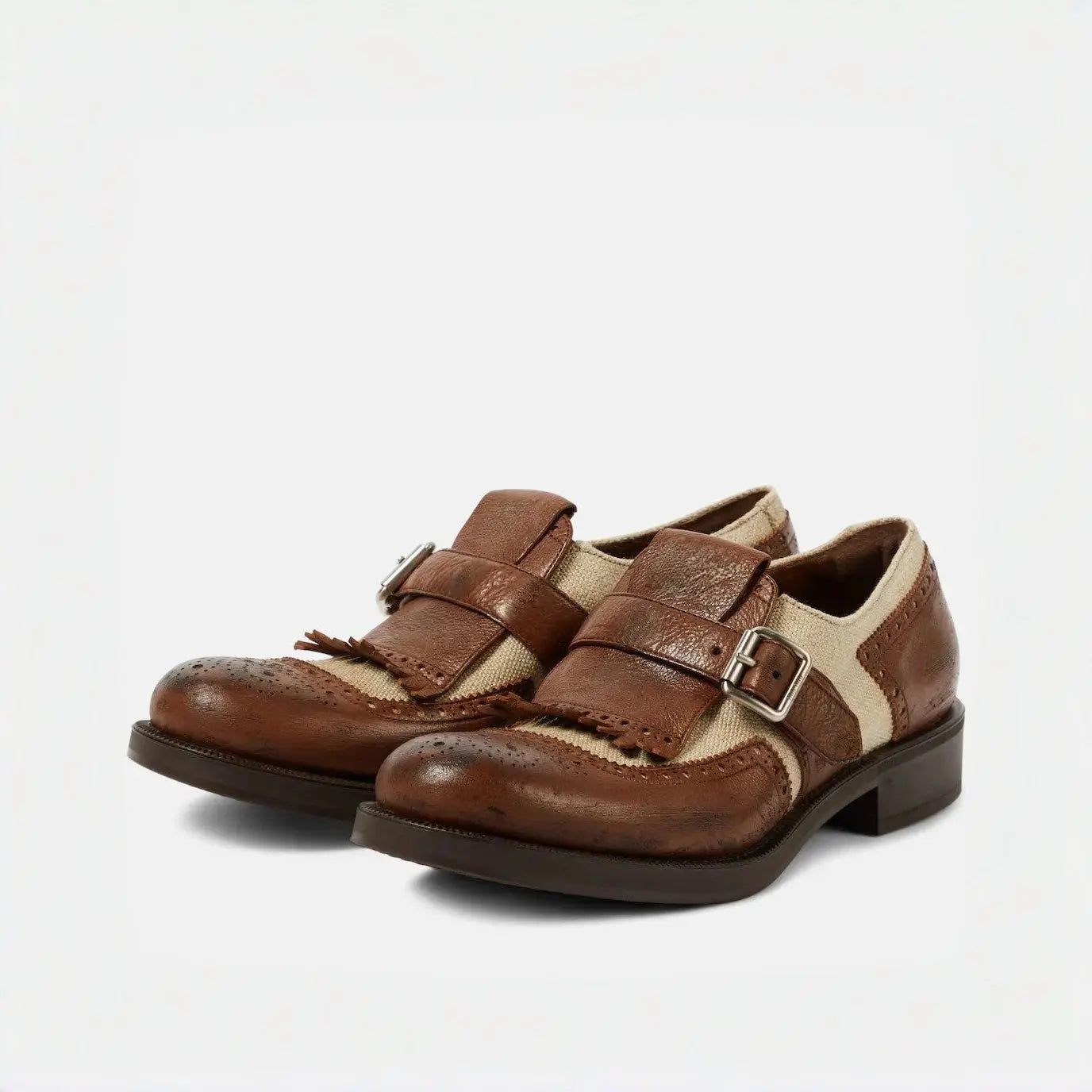 Leather and Canvas Monk Strap Loafers Gilded Cadence