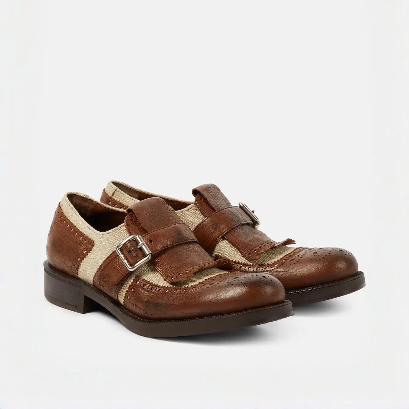 Leather and Canvas Monk Strap Loafers Gilded Cadence