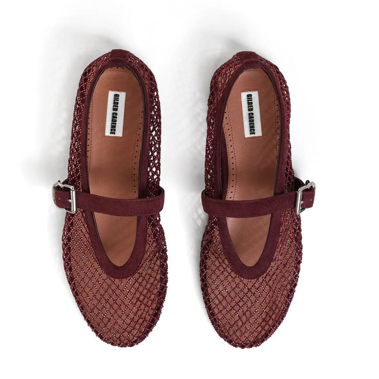 Burgundy Strass Fishnet Ballet Flats Gilded Cadence