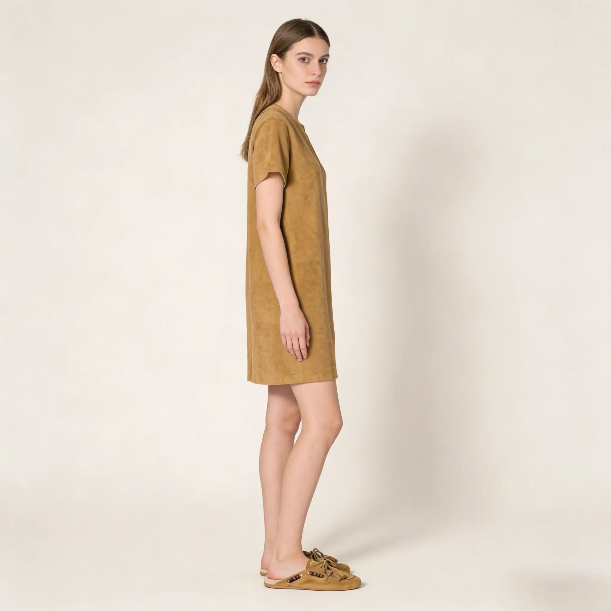 Women's Beige Suede Shearling Mules Gilded Cadence