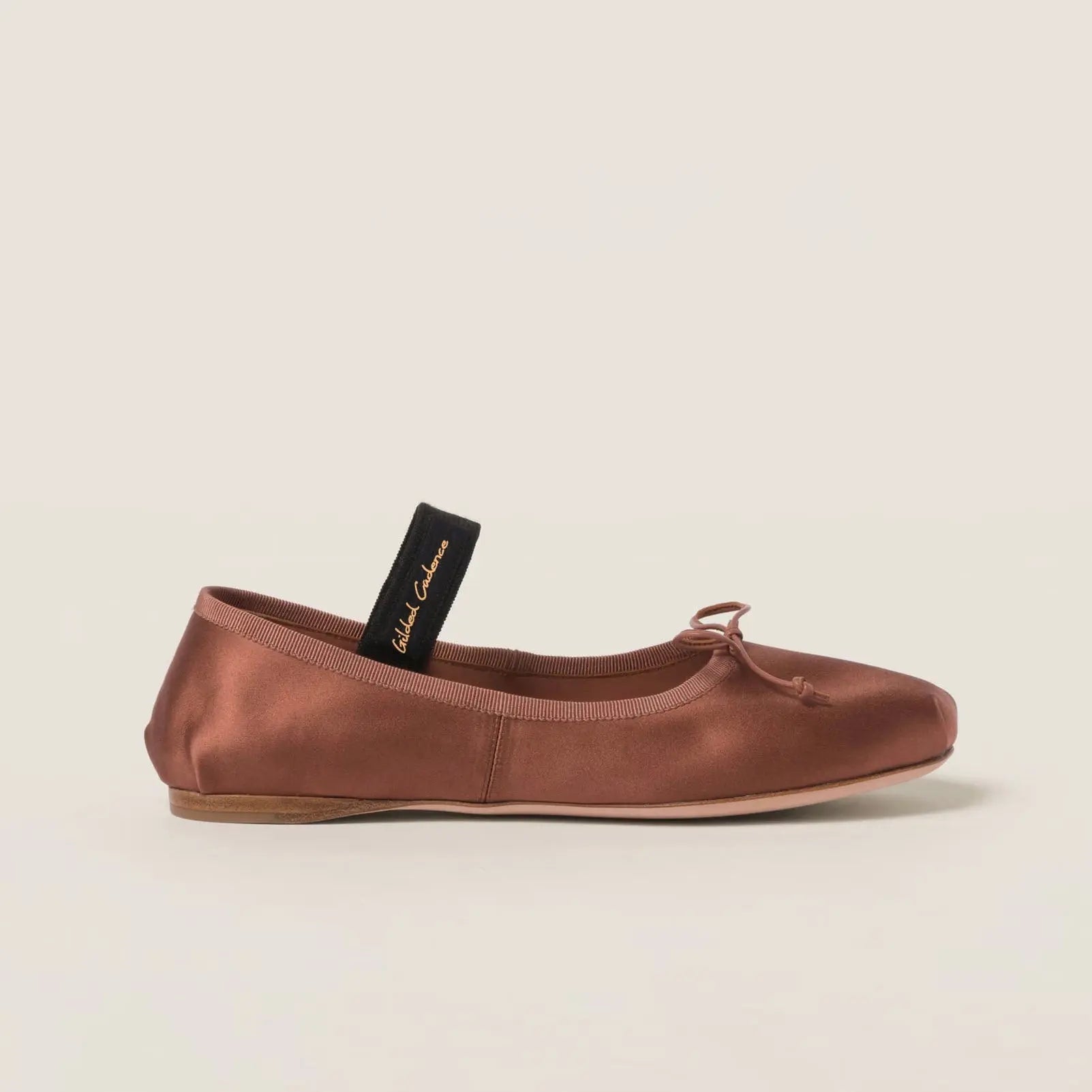Brown Satin Ballet Flats with Elastic Strap Gilded Cadence