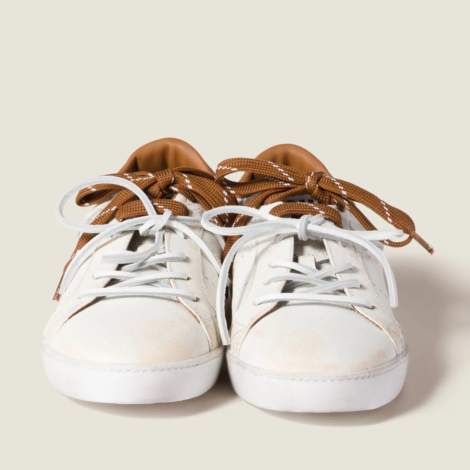 Art Deco White and Cognac Leather Sneakers Gilded Cadence