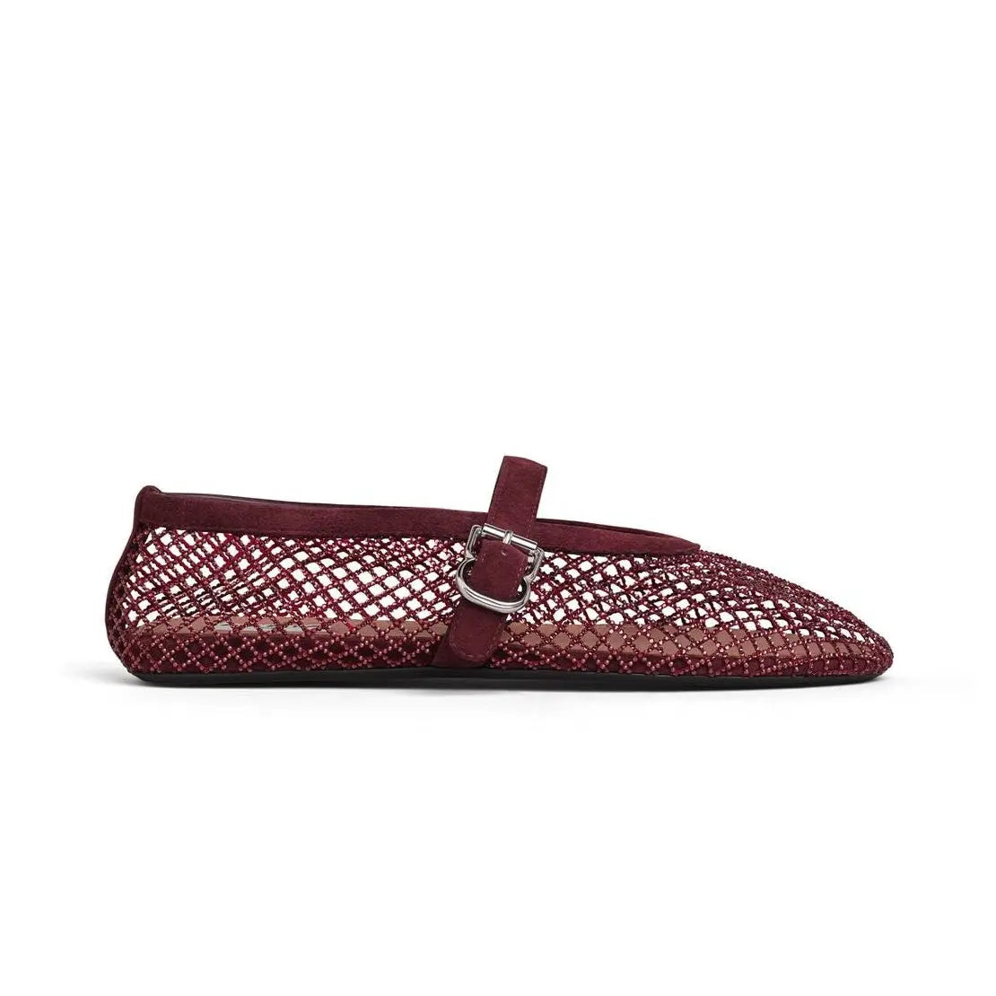 Burgundy Strass Fishnet Ballet Flats Gilded Cadence