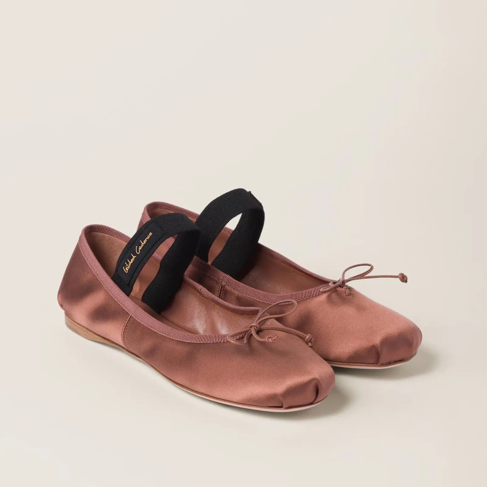 Brown Satin Ballet Flats with Elastic Strap Gilded Cadence