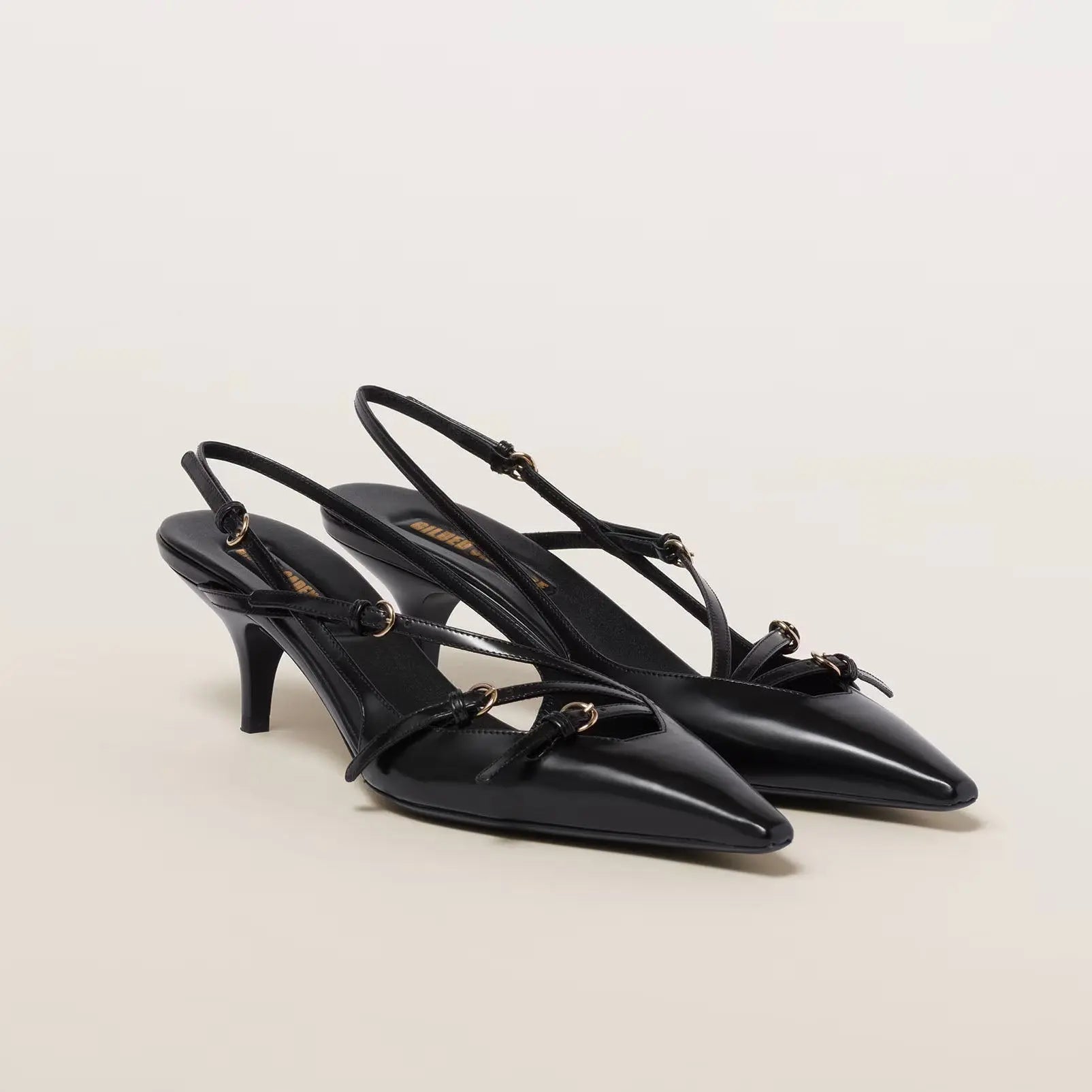 Black Brushed Leather Buckle Slingback Gilded Cadence