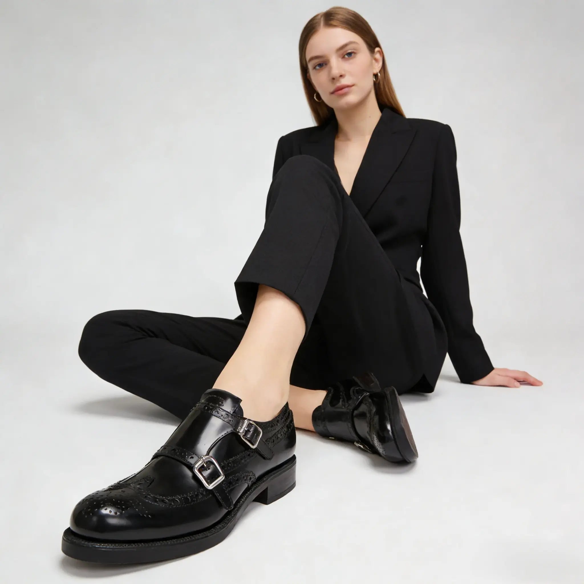 Women's Black Polished Brogue Shoes Gilded Cadence