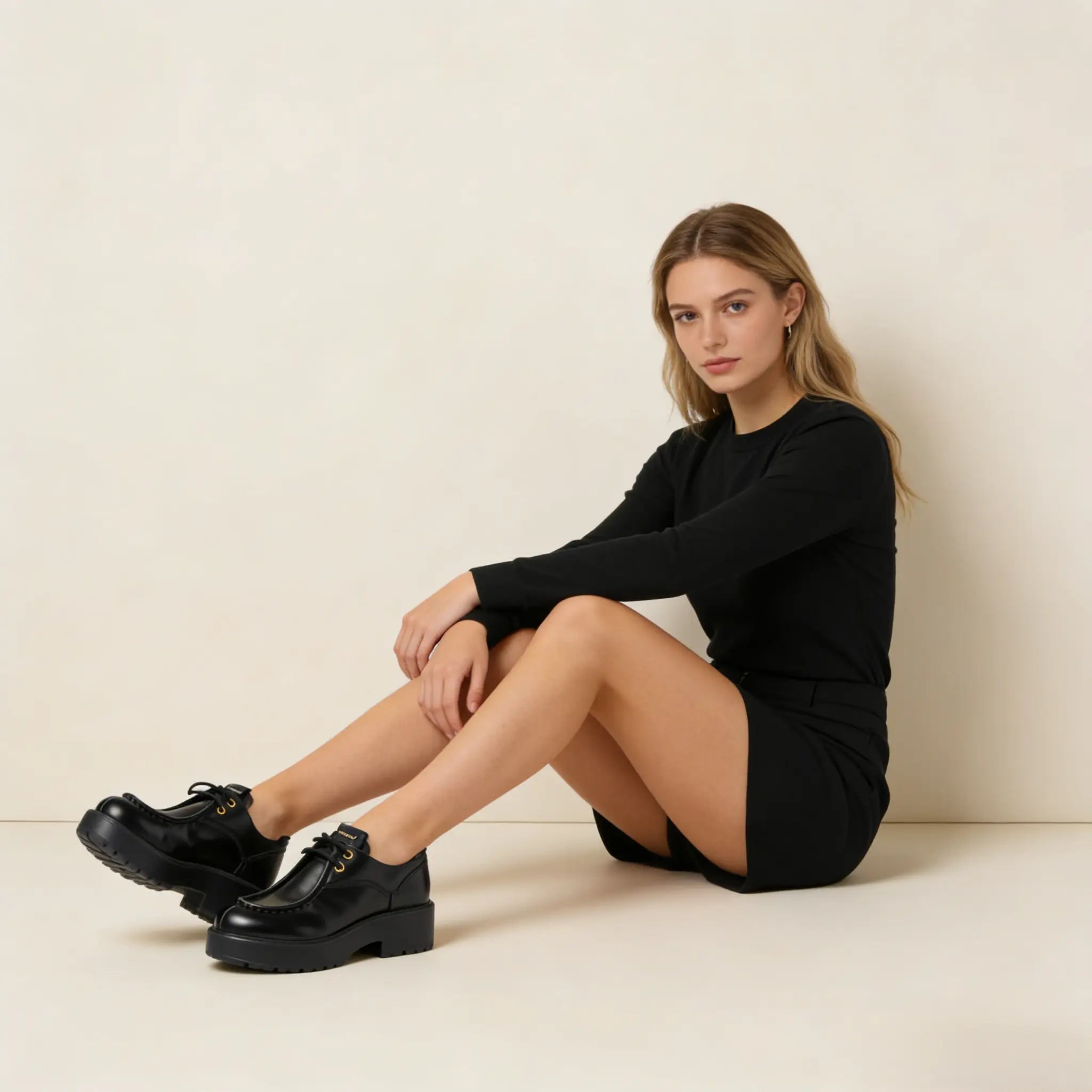 Women's Black Leather Lace-Up Flats Gilded Cadence