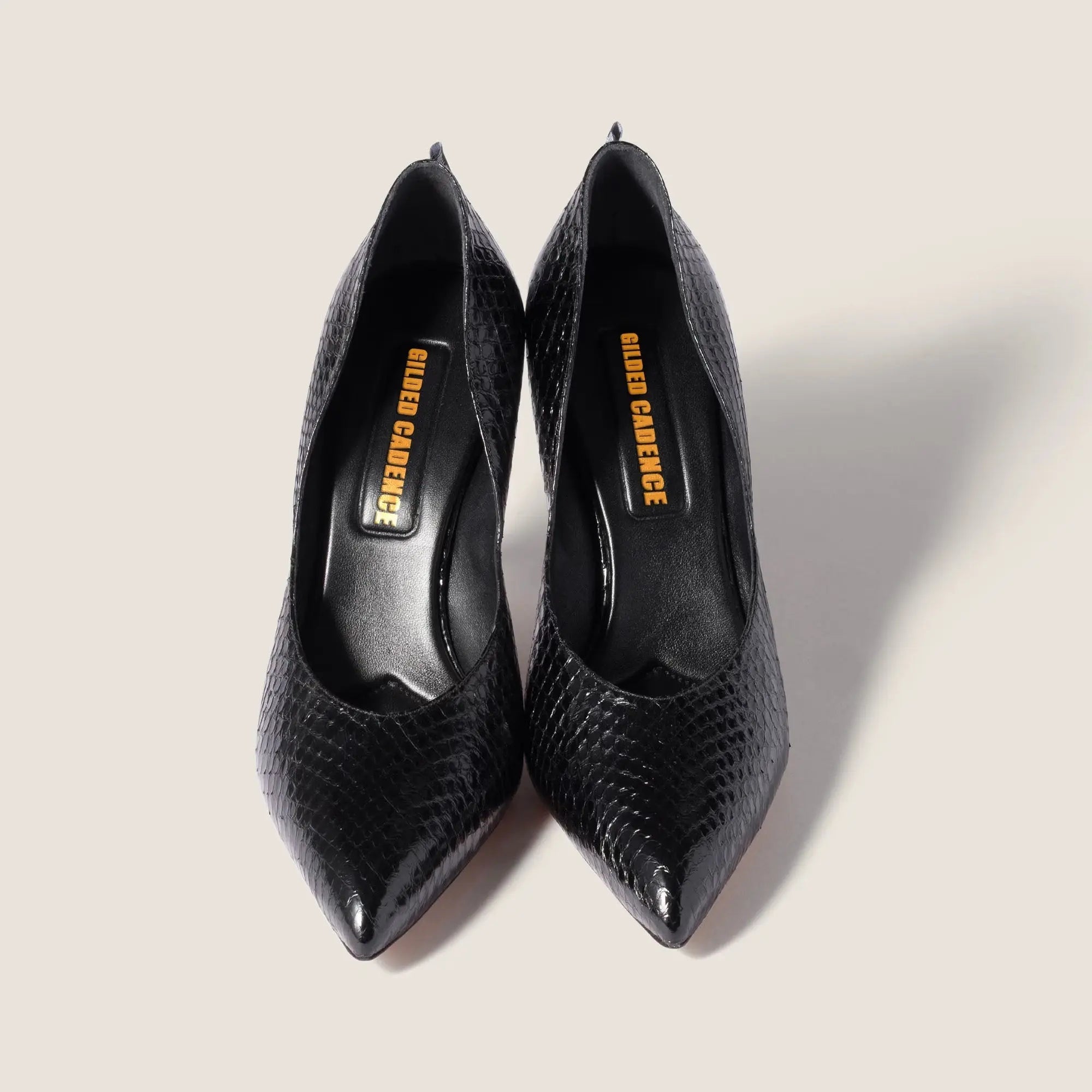 Black Snakeskin Leather Pointed Pumps Gilded Cadence