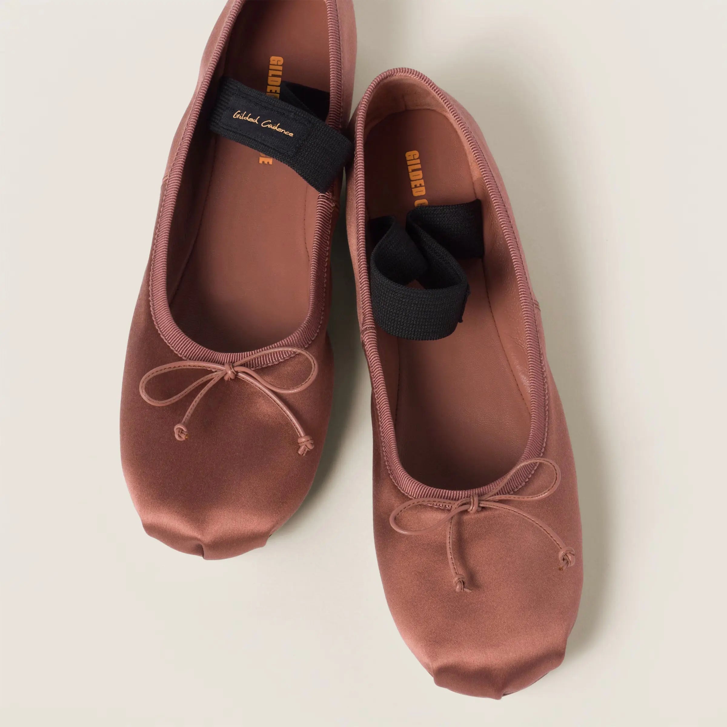 Brown Satin Ballet Flats with Elastic Strap Gilded Cadence
