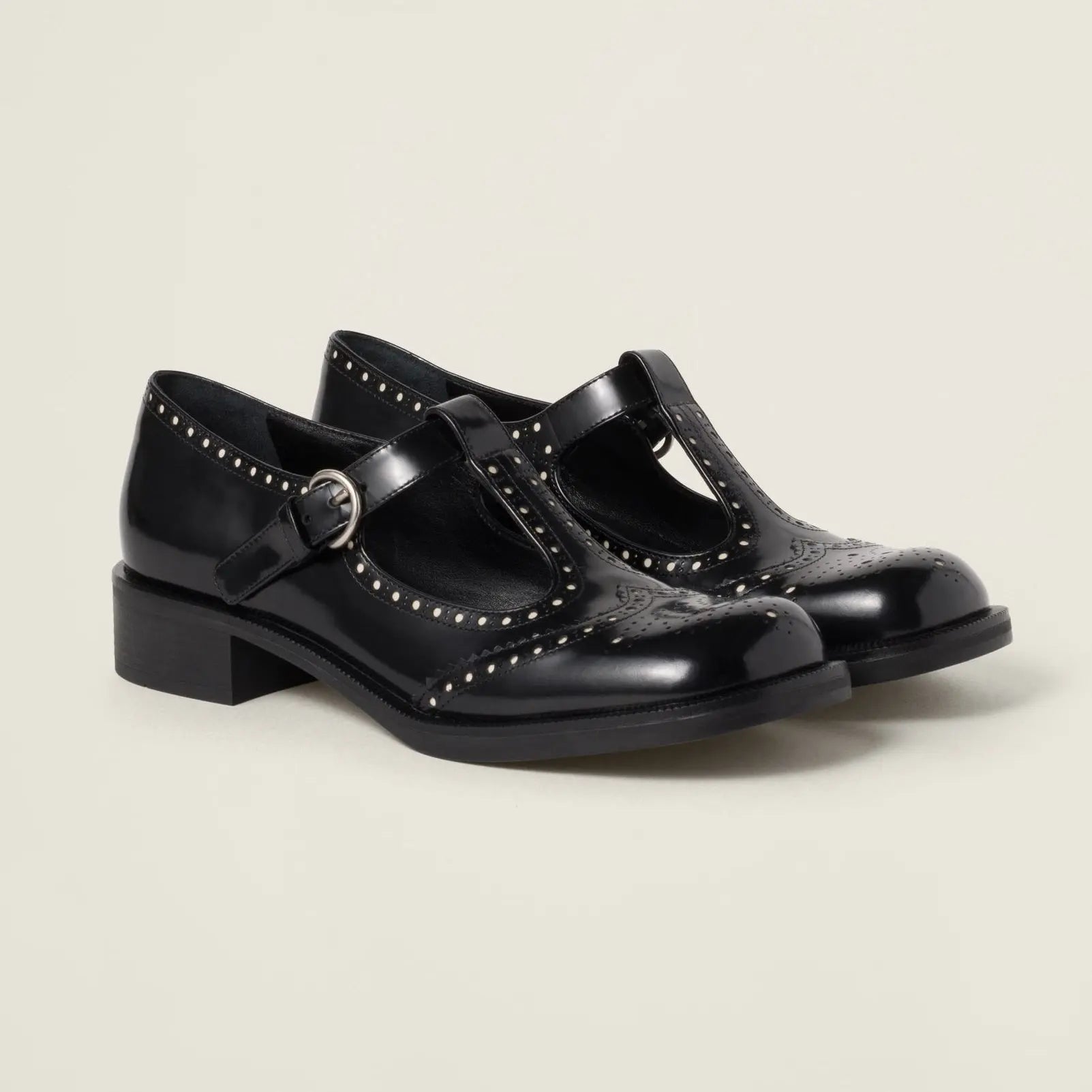 Black Brushed Leather T-Strap Brogues Gilded Cadence