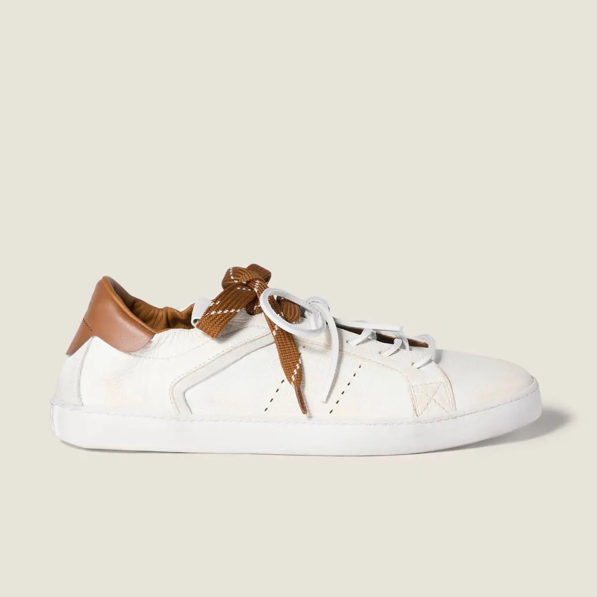 Art Deco White and Cognac Leather Sneakers Gilded Cadence