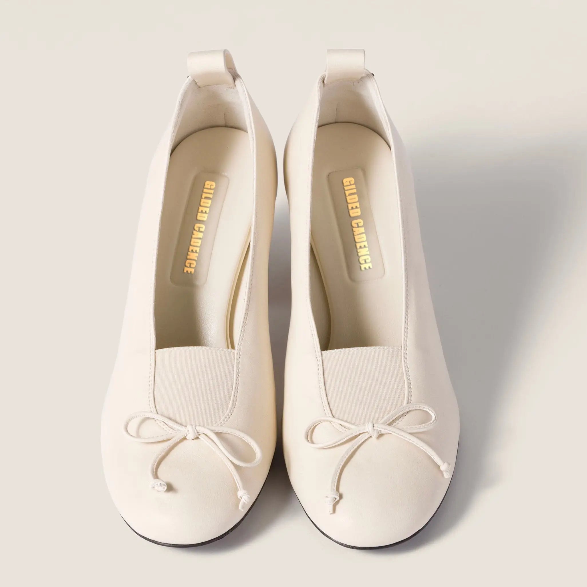 Cream Nappa Leather Bow Block Pumps Gilded Cadence