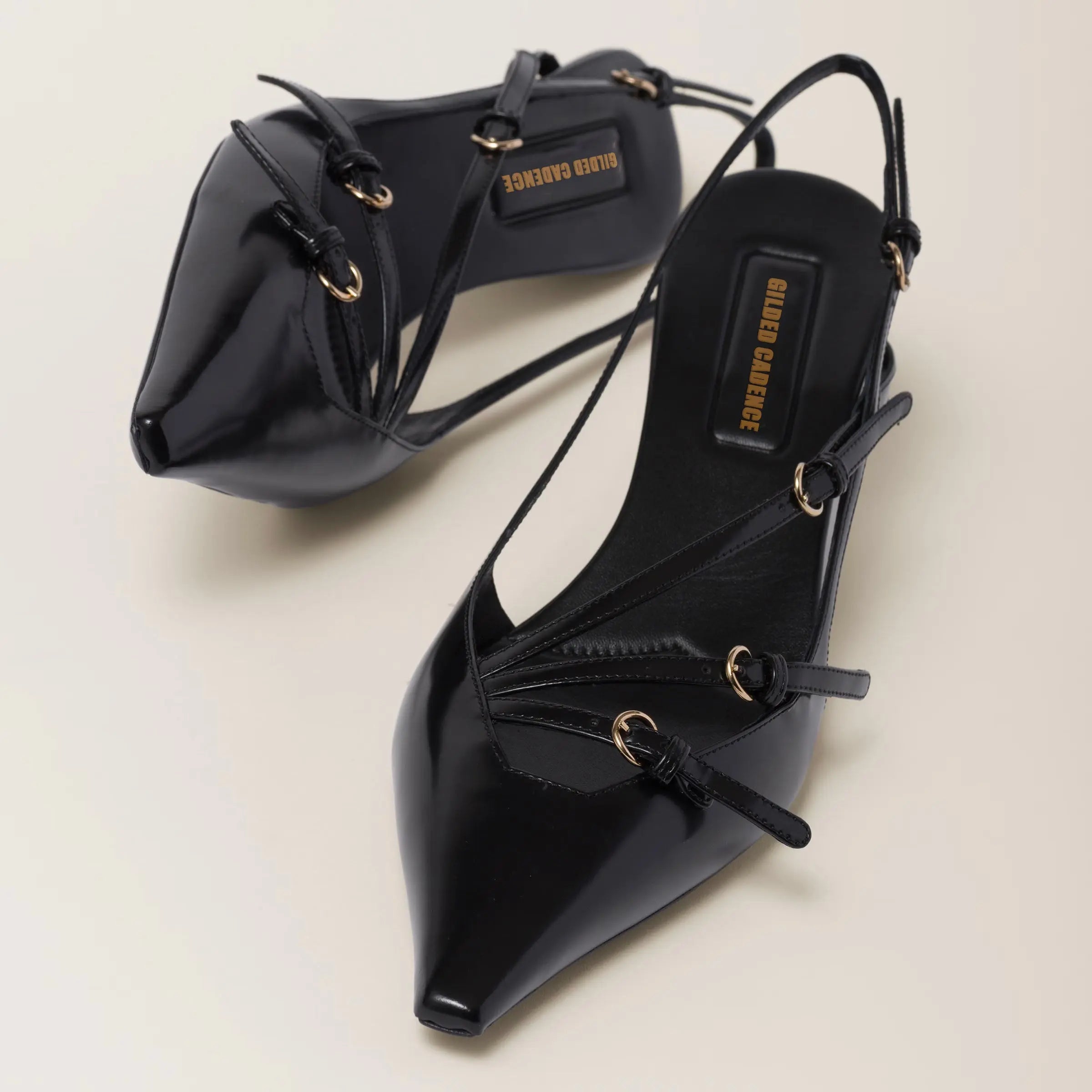 Black Brushed Leather Buckle Slingback Gilded Cadence