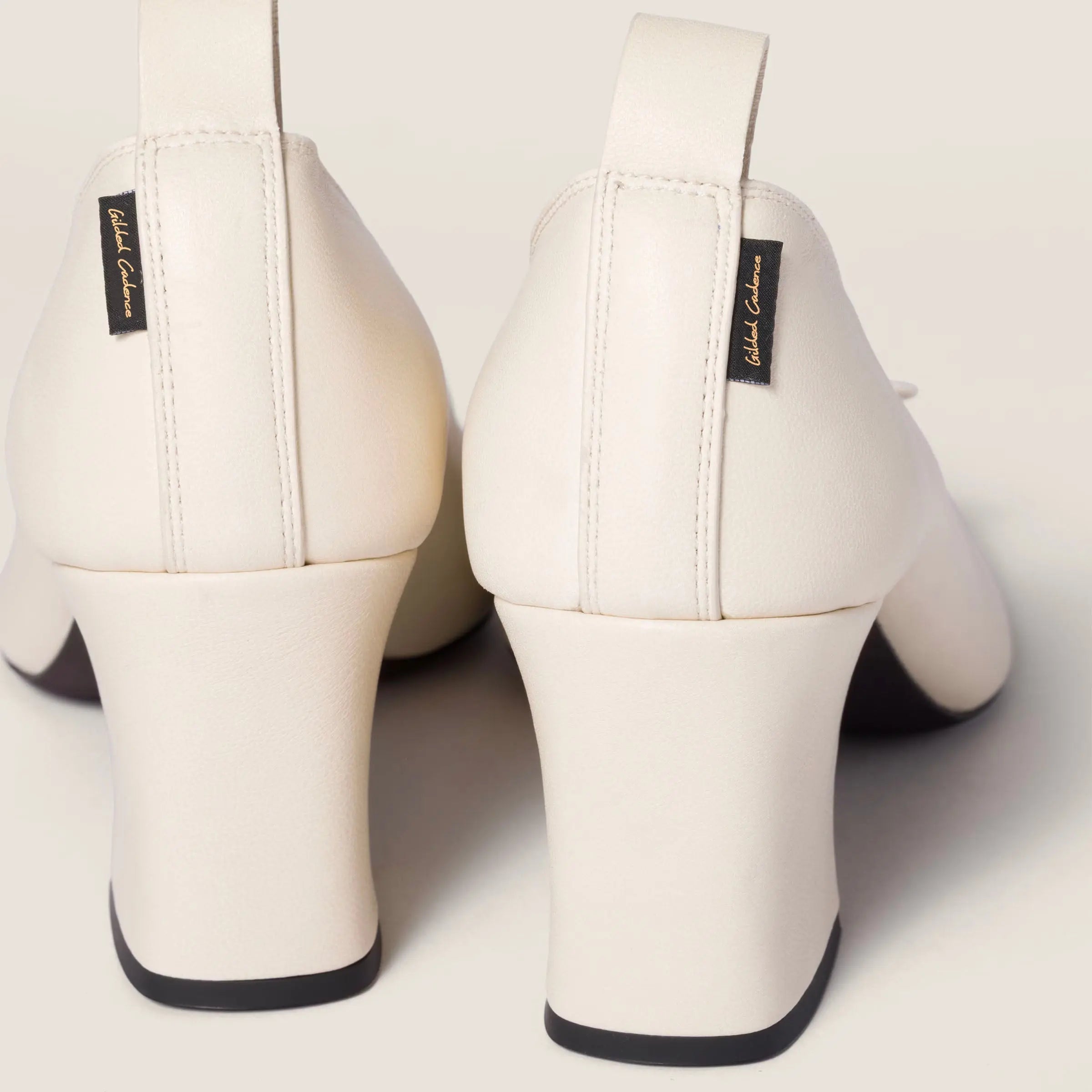 Cream Nappa Leather Bow Block Pumps Gilded Cadence