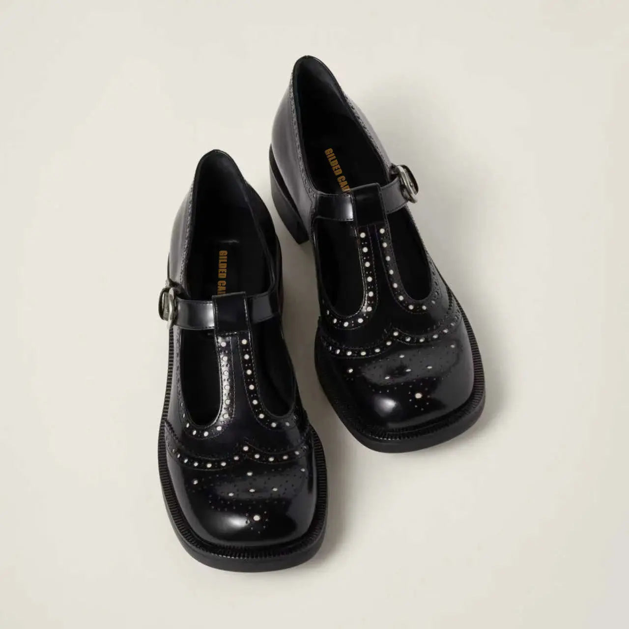 Black Brushed Leather T-Strap Brogues Gilded Cadence
