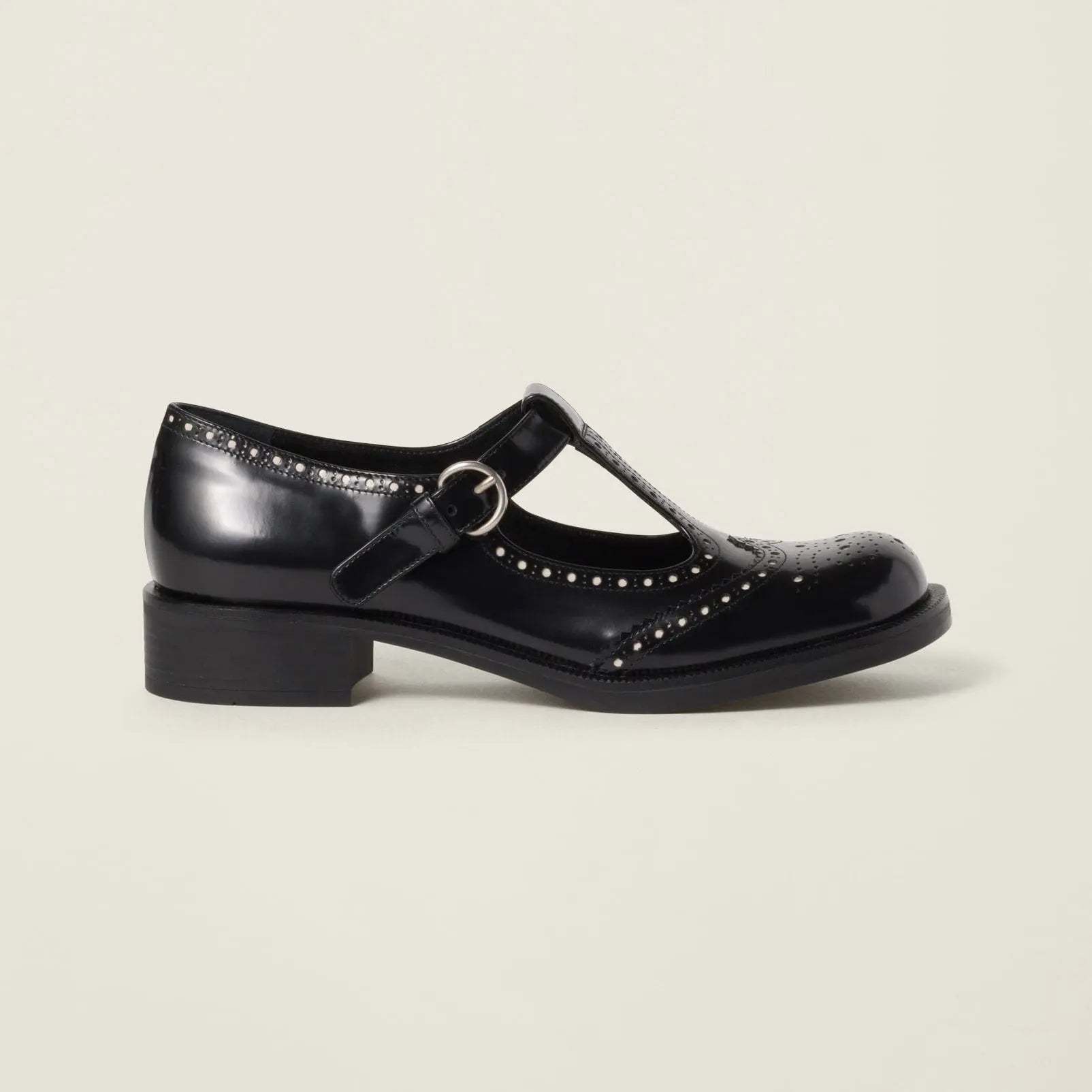 Black Brushed Leather T-Strap Brogues Gilded Cadence