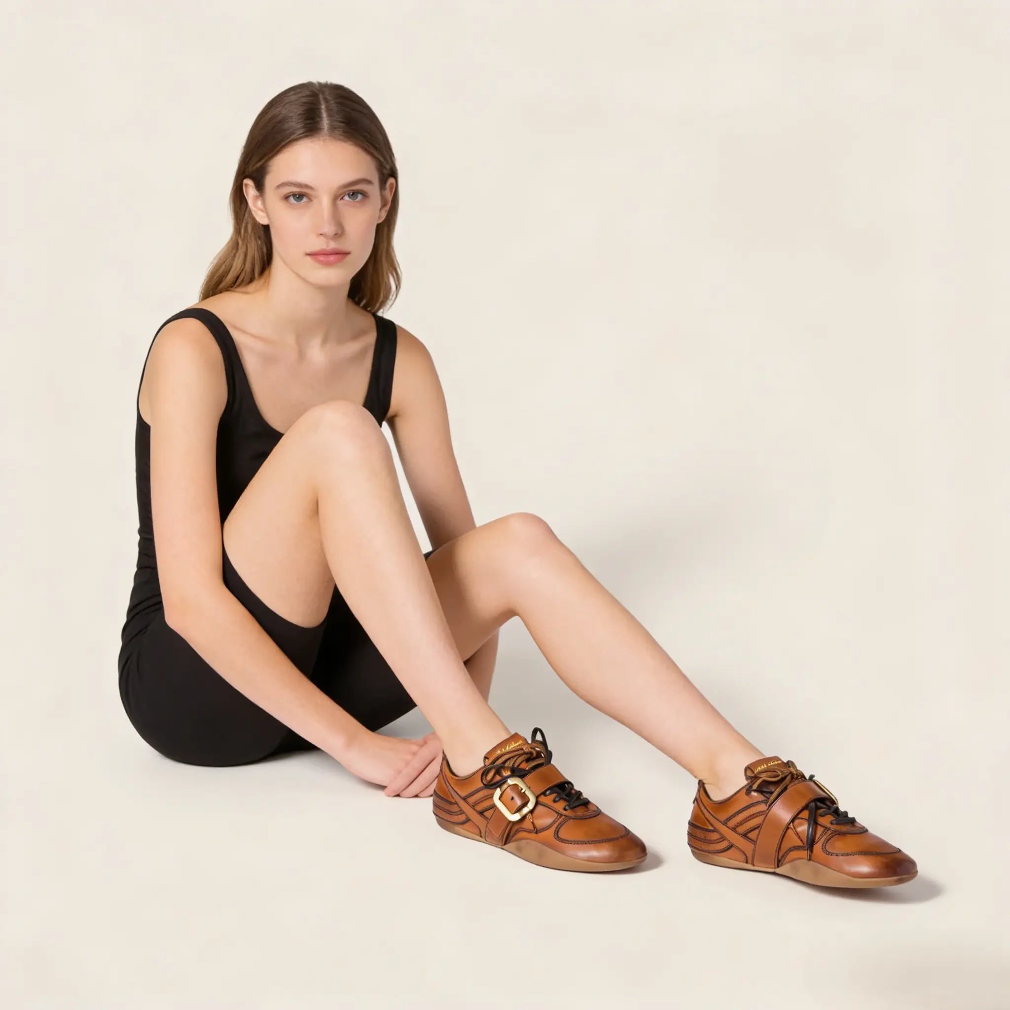 Distressed Leather Buckle Sneakers Gilded Cadence